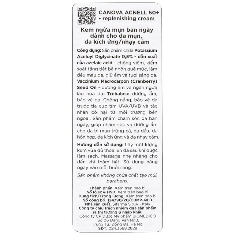 Kem ngừa mụn ban ngày Canova Acnell 50+ giúp chăm sóc và dưỡng ẩm cho da bị mụn, da kích ứng và da nhạy cảm (50ml)