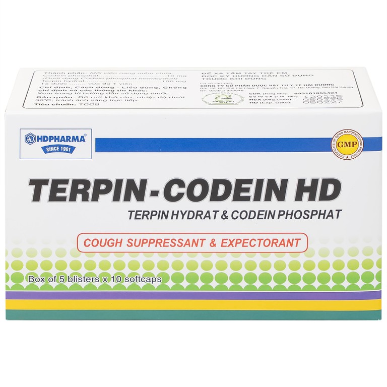 Thuốc Terpin-codein HD Hdpharma điều trị triệu chứng ho khan hoặc kích ứng (5 vỉ x 10 viên)