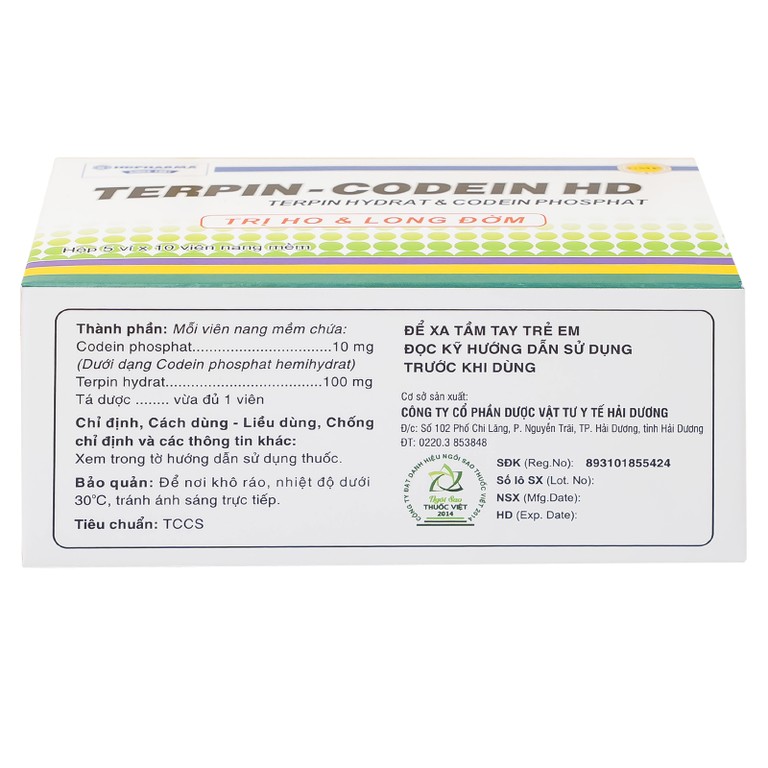 Thuốc Terpin-codein HD Hdpharma điều trị triệu chứng ho khan hoặc kích ứng (5 vỉ x 10 viên)