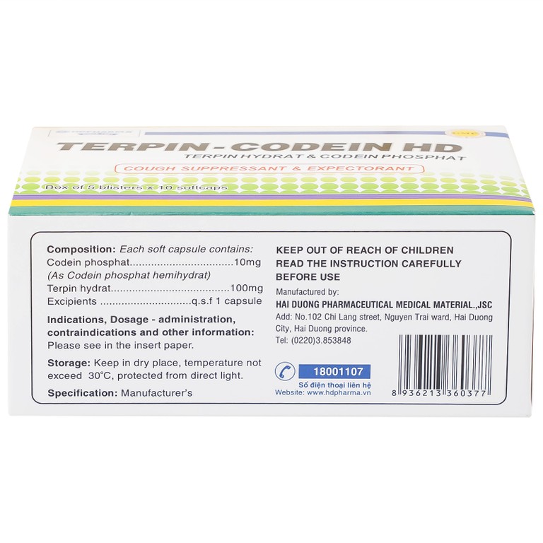 Thuốc Terpin-codein HD Hdpharma điều trị triệu chứng ho khan hoặc kích ứng (5 vỉ x 10 viên)