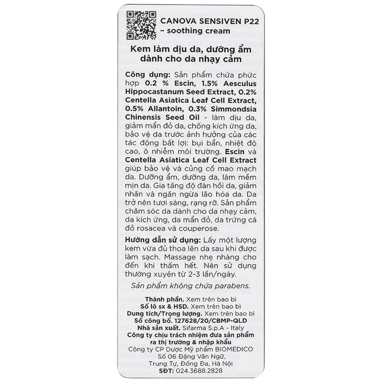 Kem bôi Canova Sensiven P22 Soothing Cream Sifarma làm dịu da, dưỡng ẩm cho da nhạy cảm (50ml)