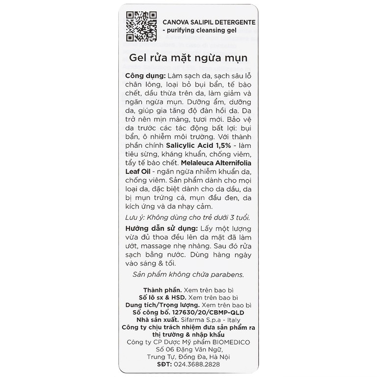 Gel rửa mặt Canova Salipil Detergente Purifying Cleansing Gel Sifarma Gel rửa mặt ngừa mụn (150ml)