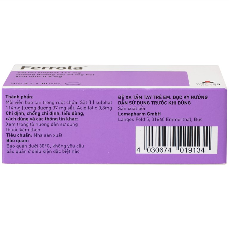 Thuốc Ferrola Worwag điều trị thiếu máu do thiếu sắt (5 vỉ x 10 viên)