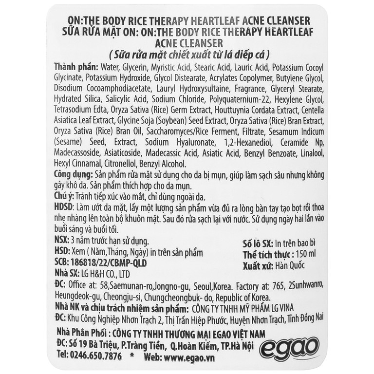 Sữa rửa mặt On: The Body Rice Therapy Rice Heartleaf Acne Cleanser chiết xuất lá diếp cá cho da mụn (150ml)
