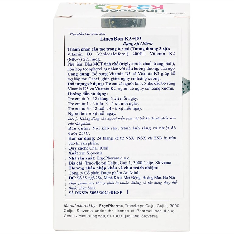 Dung dịch dạng xịt LineaBon K2+D3 10ml bổ sung Vitamin D3 và Vitamin K2, hỗ trợ hấp thu canxi