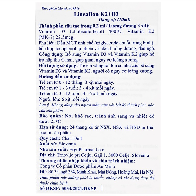 Dung dịch dạng xịt LineaBon K2+D3 10ml bổ sung Vitamin D3 và Vitamin K2, hỗ trợ hấp thu canxi