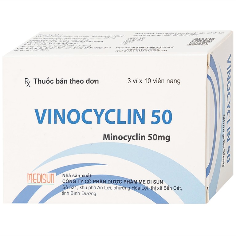 Thuốc Vinocyclin 50 Medisun điều trị mụn trứng cá, nhiễm trùng đường hô hấp (3 vỉ x 10 viên)