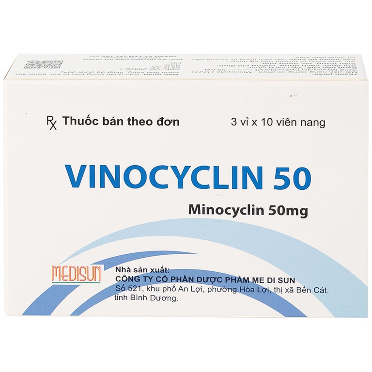 Thuốc Vinocyclin 50 Medisun điều trị mụn trứng cá, nhiễm trùng đường hô hấp (3 vỉ x 10 viên)