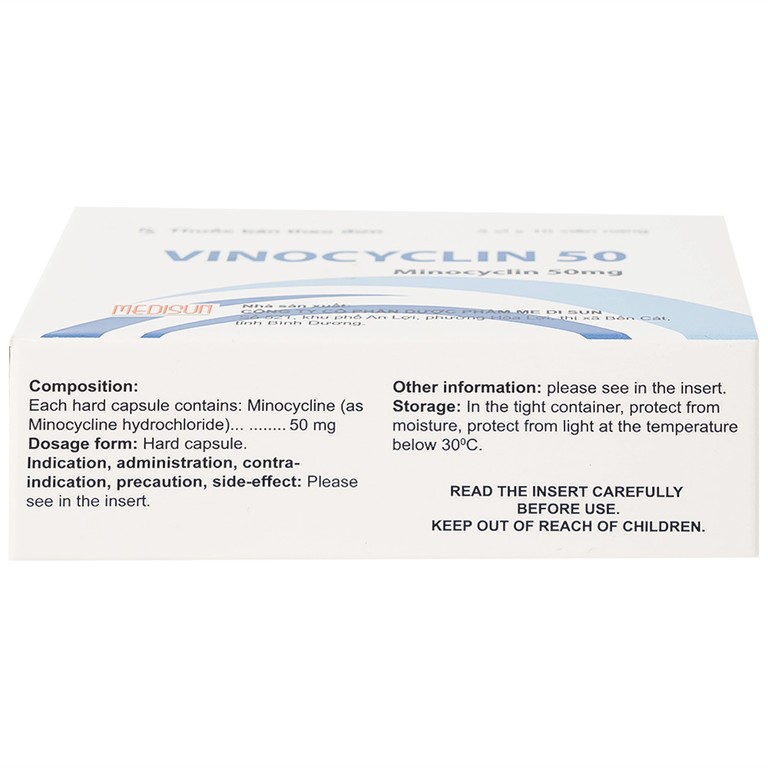 Thuốc Vinocyclin 50 Medisun điều trị mụn trứng cá, nhiễm trùng đường hô hấp (3 vỉ x 10 viên)