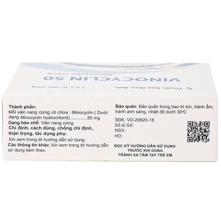 Thuốc Vinocyclin 50 Medisun điều trị mụn trứng cá, nhiễm trùng đường hô hấp (3 vỉ x 10 viên)