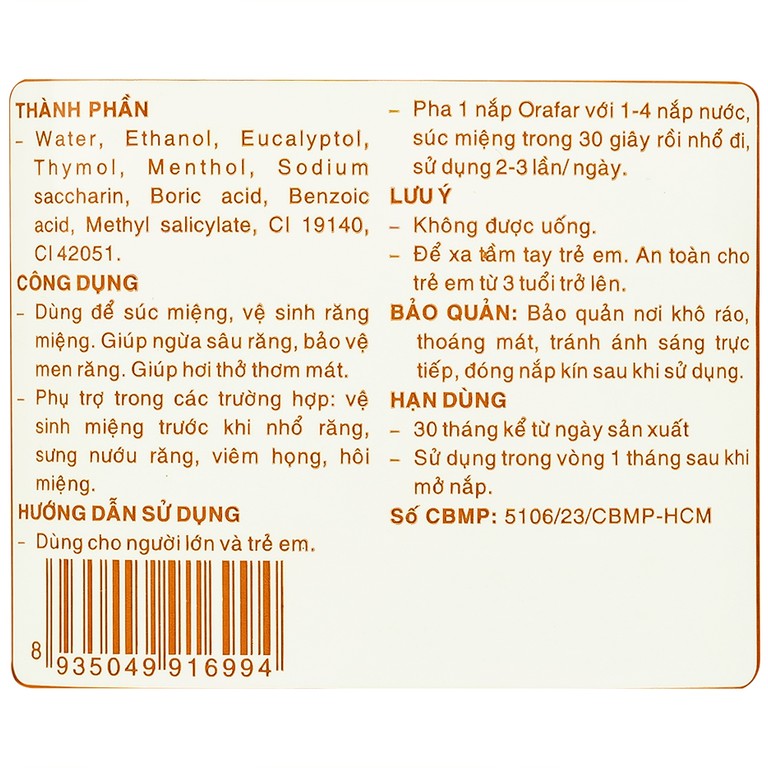 Nước súc miệng kháng khuẩn Pharmedic Orafar vệ sinh răng miệng, ngừa sâu răng (250ml)