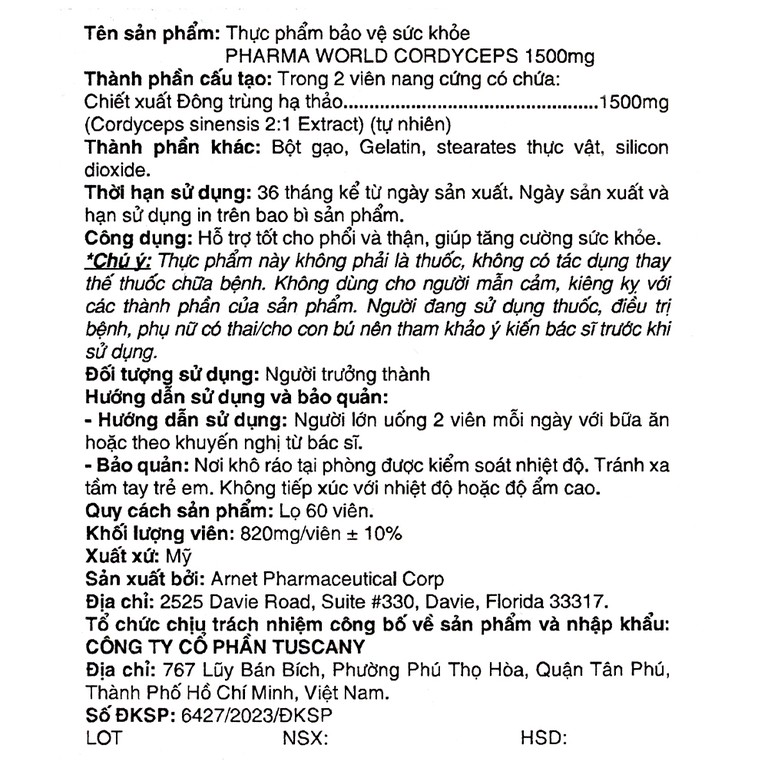 Viên uống Đông Trùng Hạ Thảo Pharma World Cordyceps 1500mg hỗ trợ tốt cho phổi và thận (60 viên)