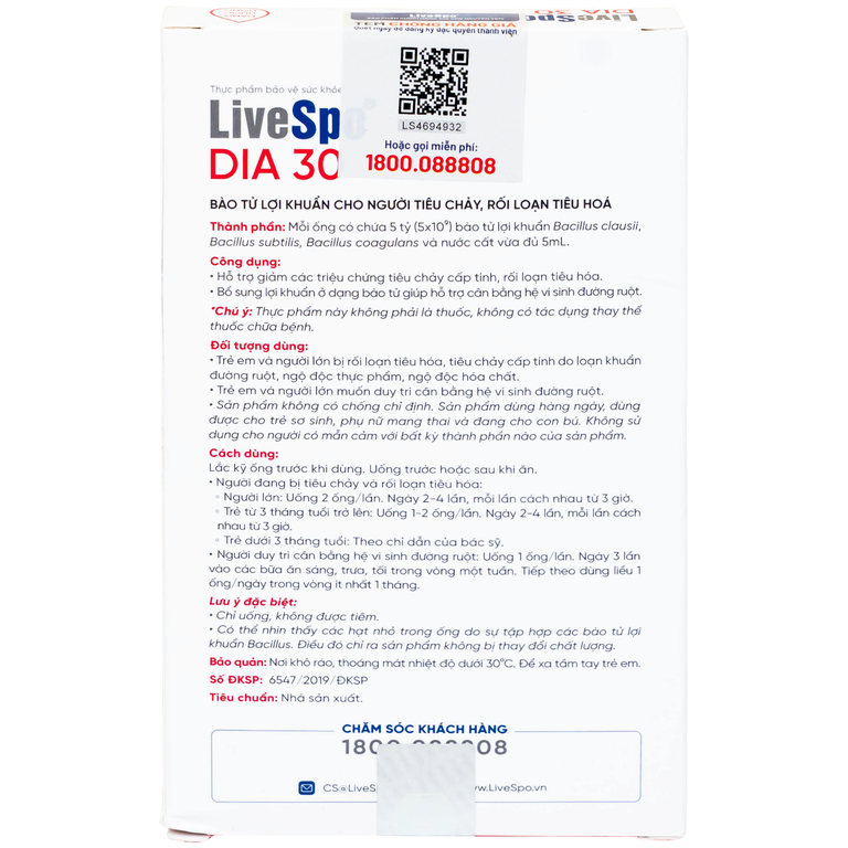 Bào tử lợi khuẩn Livespo DIA 30 hỗ trợ giảm các triệu chứng tiêu chảy cấp tính, rối loạn tiêu hoá (10 ống x 5ml)