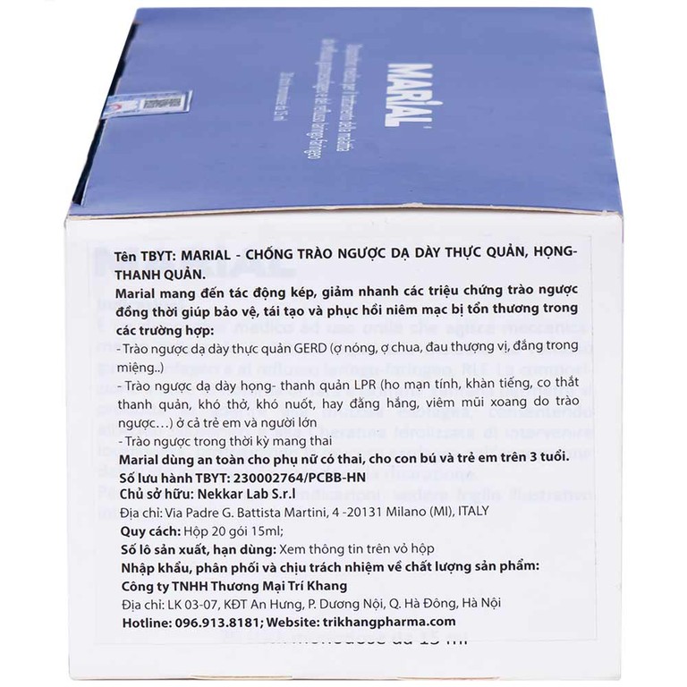 Marial Gel chống trào ngược dạ dày thực quản, bảo vệ, tái tạo và phục hồi niêm mạc họng (20 gói x 15ml)