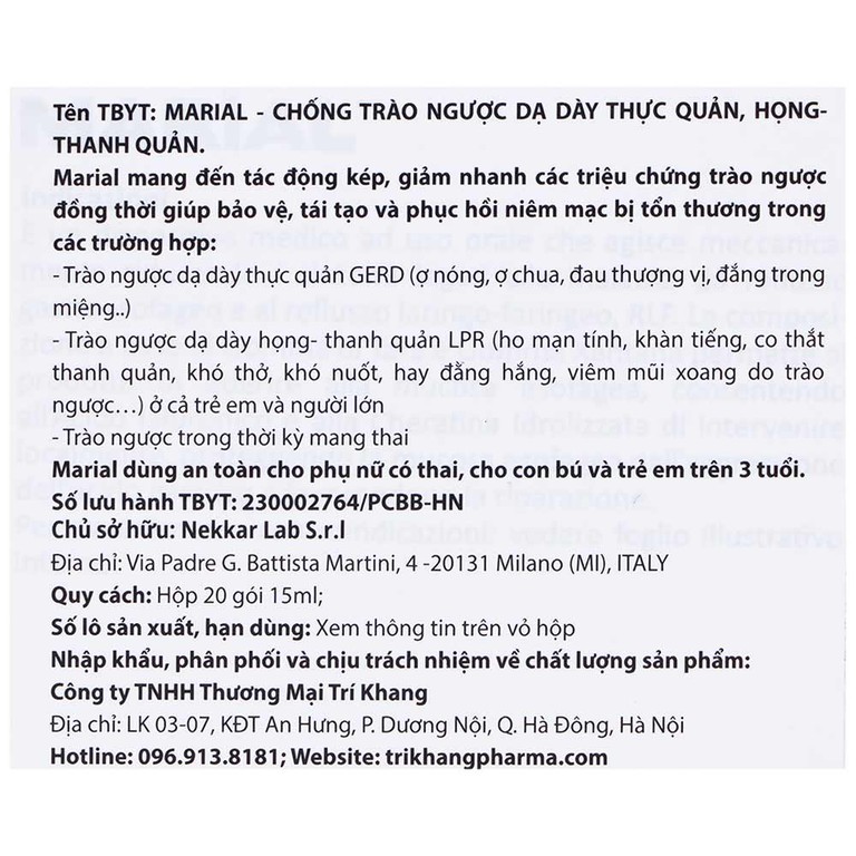 Marial Gel chống trào ngược dạ dày thực quản, bảo vệ, tái tạo và phục hồi niêm mạc họng (20 gói x 15ml)