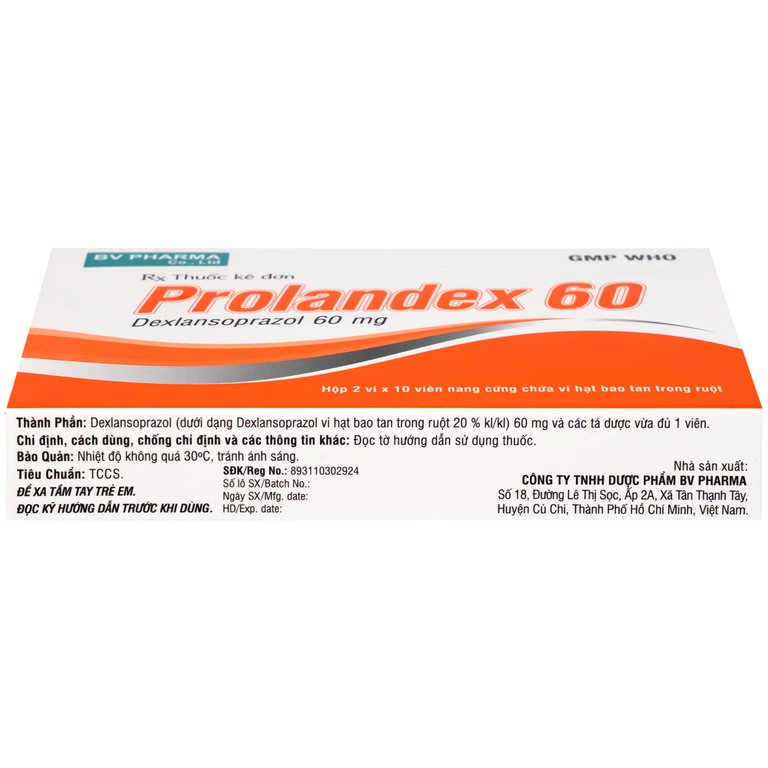 Thuốc Prolandex 60mg BV pharma điều trị ợ nóng liên quan bệnh trào ngược dạ dày - thực quản (2 vỉ x 10 viên)