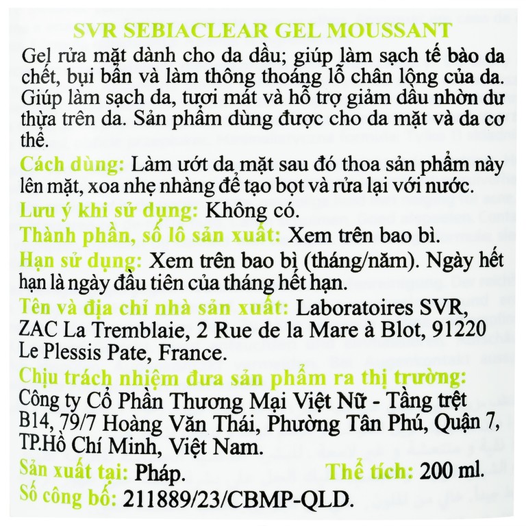 Gel rửa mặt SVR Sebiaclear Moussant làm sạch và giảm dầu cho da dầu (200ml)
