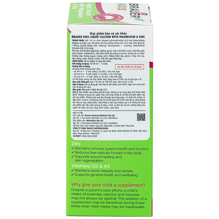 Siro Brauer Kids Liquid Calcium with Magnesium And Zinc hỗ trợ xương, răng phát triển chắc khỏe cho bé (200ml)