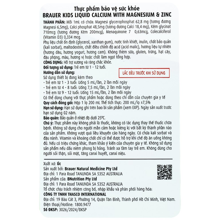 Siro Brauer Kids Liquid Calcium with Magnesium And Zinc hỗ trợ xương, răng phát triển chắc khỏe cho bé (200ml)