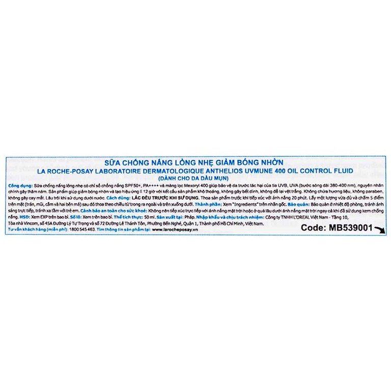 Kem chống nắng La Roche-Posay Anthelios UVMune 400 Oil Control Fluid SPF50+ PA++++ dành cho da dầu mụn (50ml)