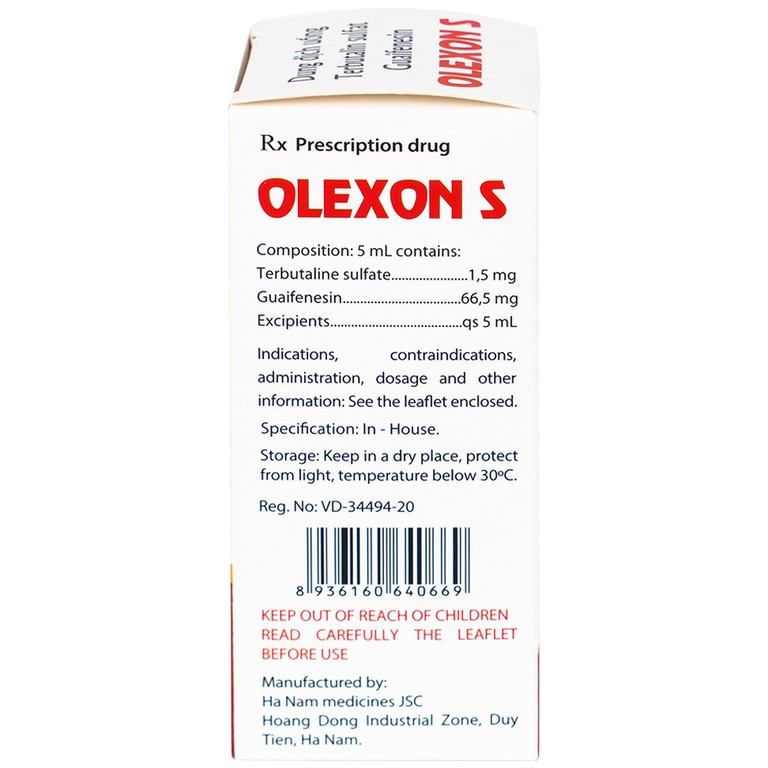 Dung dịch uống Terbutalin sulfat Guaifenesin OLEXON S Hà Nam điều trị ho có đờm, ho do hen phế quản (90ml)