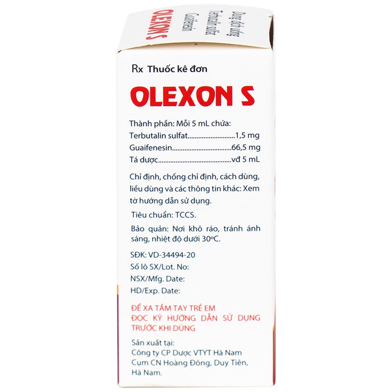 Dung dịch uống Terbutalin sulfat Guaifenesin OLEXON S Hà Nam điều trị ho có đờm, ho do hen phế quản (90ml)
