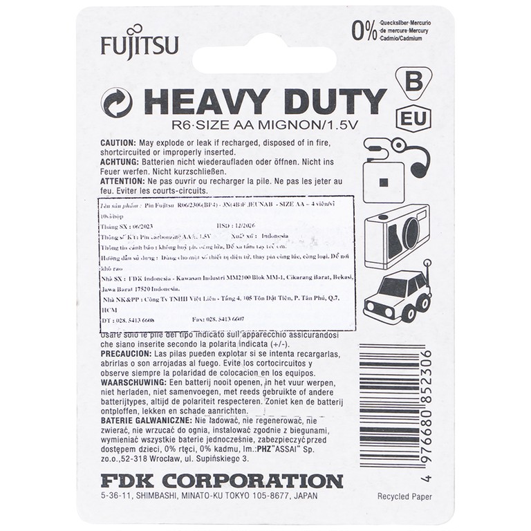 Pin FuJitsu R06/2300(BP4) AA bền, an toàn cho sức khỏe (4 cục)