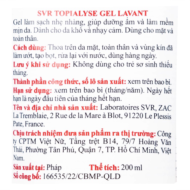 Gel rửa mặt SVR Topialyse Gel Lavant 200ml giúp làm sạch nhẹ nhàng, dưỡng ẩm và làm mềm mịn da