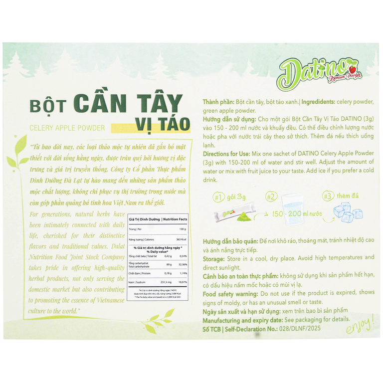 Bột Cần Tây vị táo Datino (3g x 15 gói)