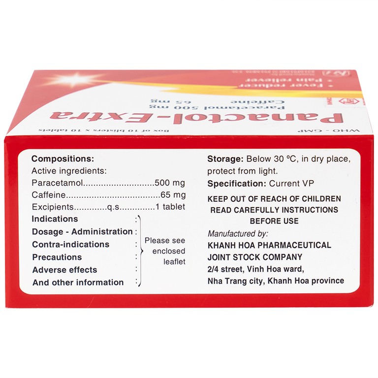Viên nén Panactol Extra Khapharco hạ sốt, giảm đau (10 vỉ x 10 viên)