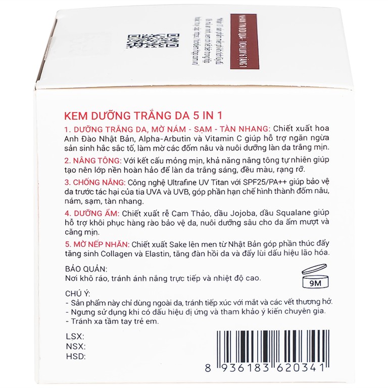 Kem dưỡng trắng da 5 in 1 SPF25/PA++ Sắc Ngọc Khang HTP 30g giúp nâng tông, hiệu chỉnh màu da