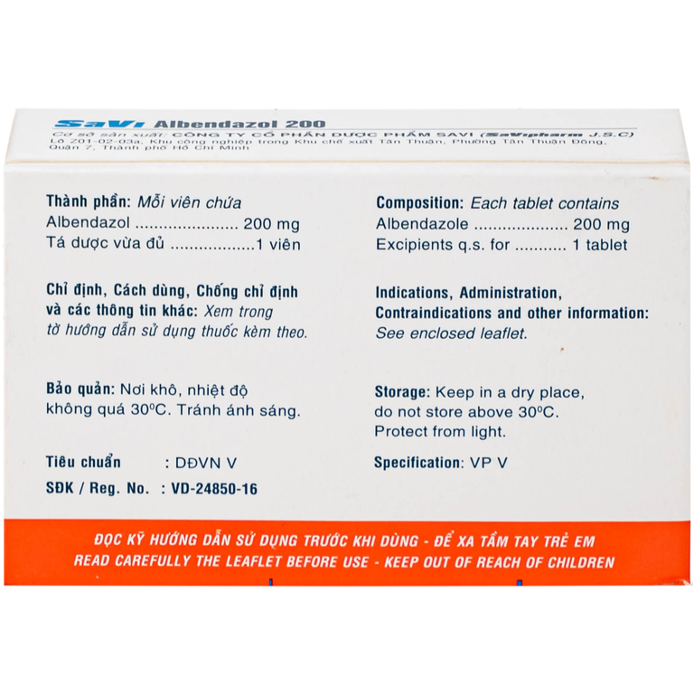 Thuốc SaVi Albendazol 200 điều trị nhiễm ấu trùng sán lợn có tổn thương não (1 vỉ x 2 viên)
