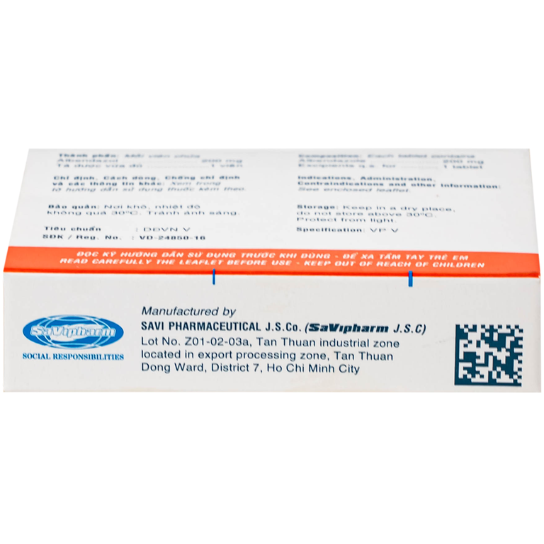 Thuốc SaVi Albendazol 200 điều trị nhiễm ấu trùng sán lợn có tổn thương não (1 vỉ x 2 viên)