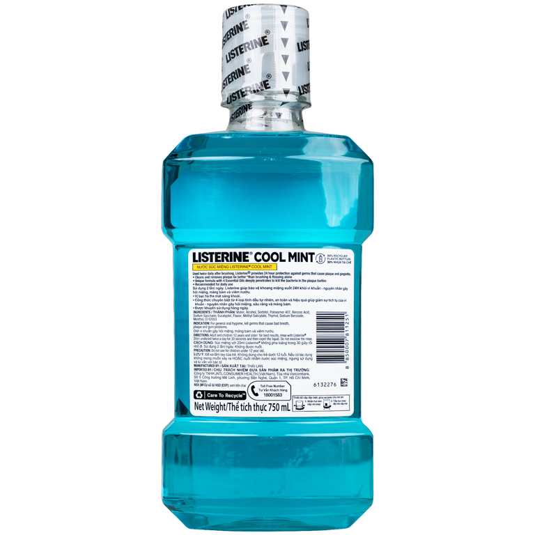 Nước súc miệng Listerine Cool Mint bảo vệ khoang miệng suốt 24h khỏi vi khuẩn hôi miệng, mảng bám, viêm nướu (750ml)