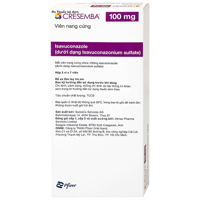 Thuốc Cresemba 100mg Pfizer điều trị nhiễm nấm Aspergillus xâm lấn và nhiễm nấm Mucorales (2 vỉ x 7 viên)