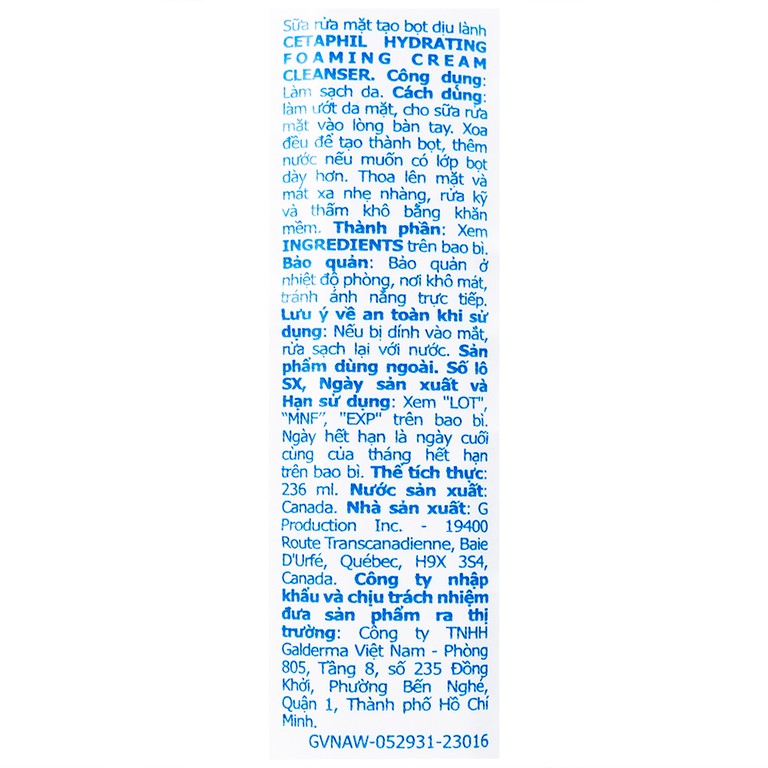 Sữa rửa mặt Cetaphil Hydrating Foaming Cream Cleanser dưỡng ẩm, làm sạch nhẹ nhàng cho da mặt (236ml)