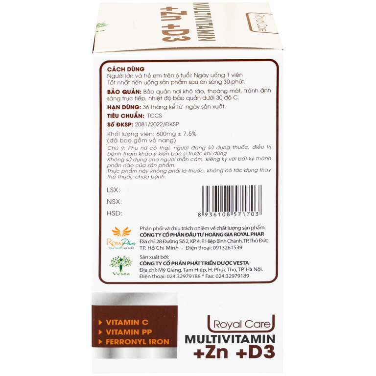 Viên uống Multivitamin +Zn +D3 Royal Care hỗ trợ tăng cường sức khỏe, nâng cao sức đề kháng (60 viên)