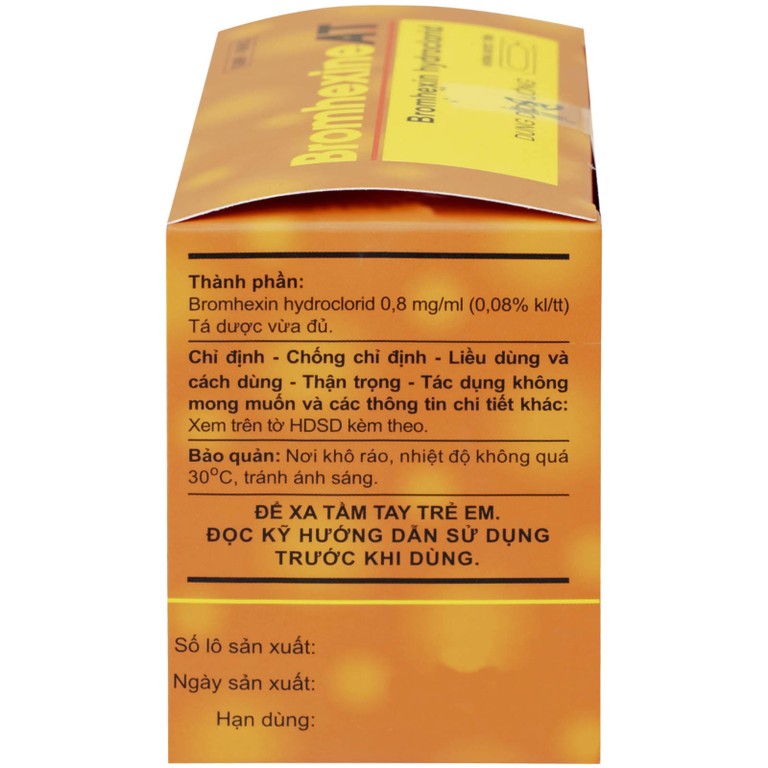 Dung dịch uống Bromhexine AT 4mg/5ml loãng đờm trong nhiễm khuẩn đường hô hấp (30 ống x 5ml)