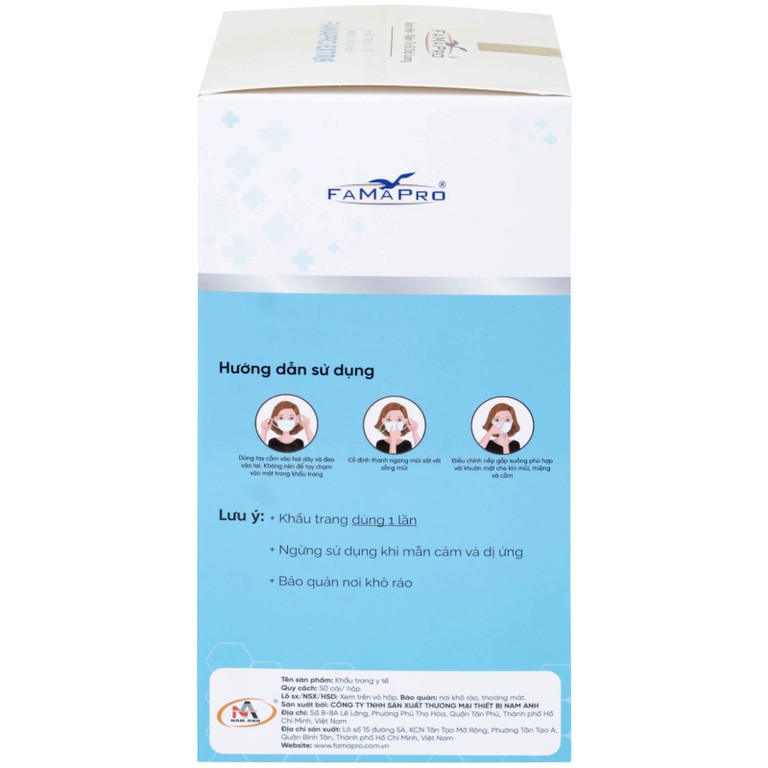 Khẩu trang y tế Famapro Extra màu trắng 4 lớp hỗ trợ ngăn khói, bụi, kháng khuẩn (50 cái)