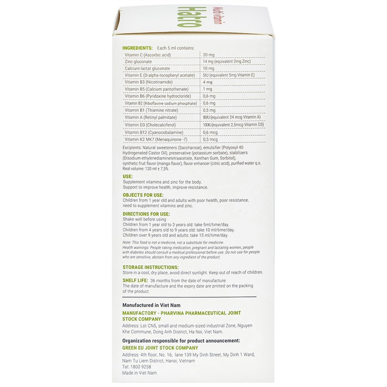 Siro Multi Vitamin Hatro hỗ trợ tăng cường sức khỏe, nâng cao sức đề kháng (120ml) 