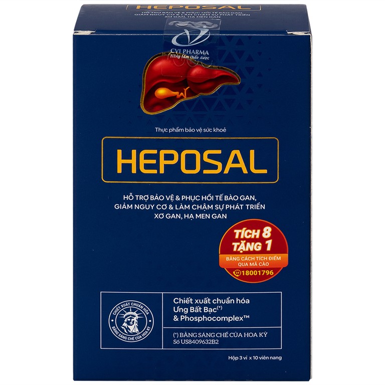 Viên uống Heposal hỗ trợ tăng cường chức năng gan, bảo vệ và phục hồi tế bào gan (3 vỉ x 10 viên)