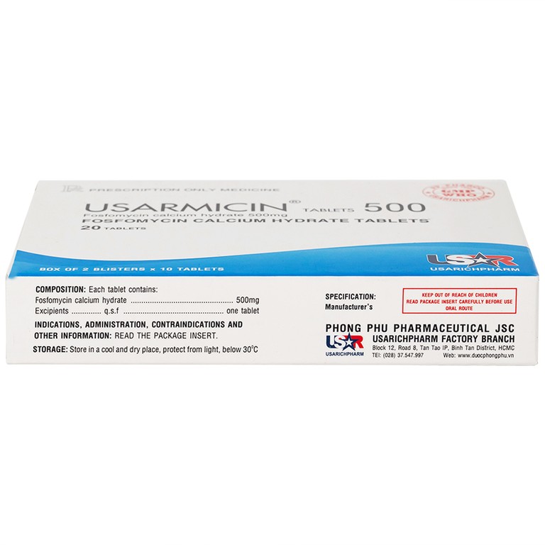 Thuốc Usarmicin Tablets 500 UsarichPharm điều trị nhiễm khuẩn đường tiết niệu (2 vỉ x 10 viên)