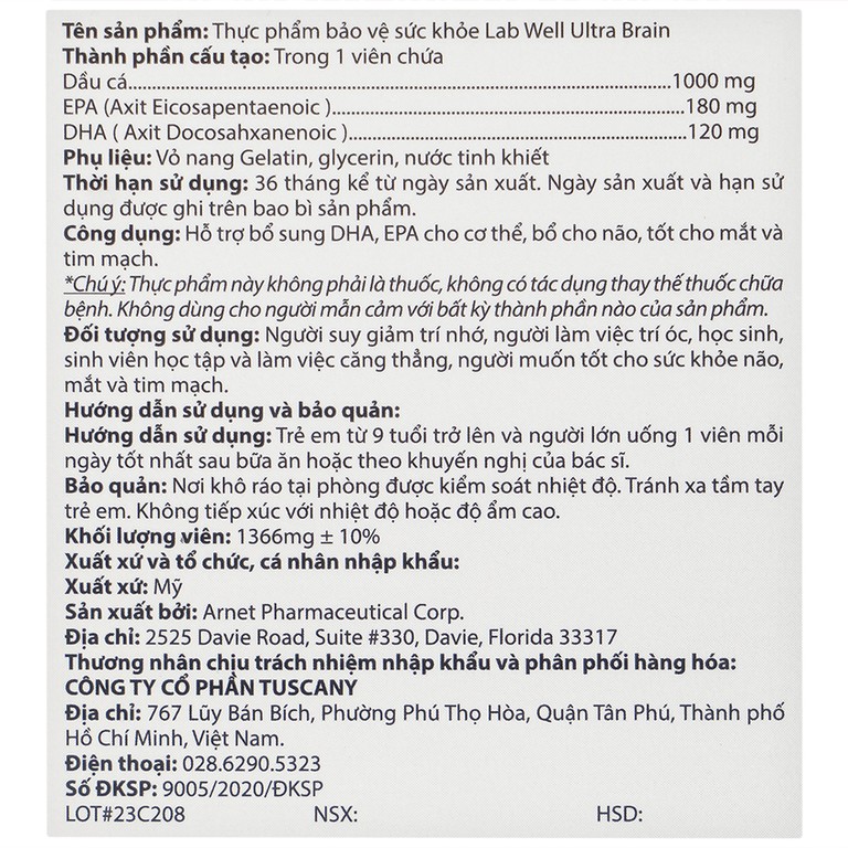 Viên uống Ultra Brain Lab Well hỗ trợ bổ sung DHA, EPA cho cơ thể (60 viên)