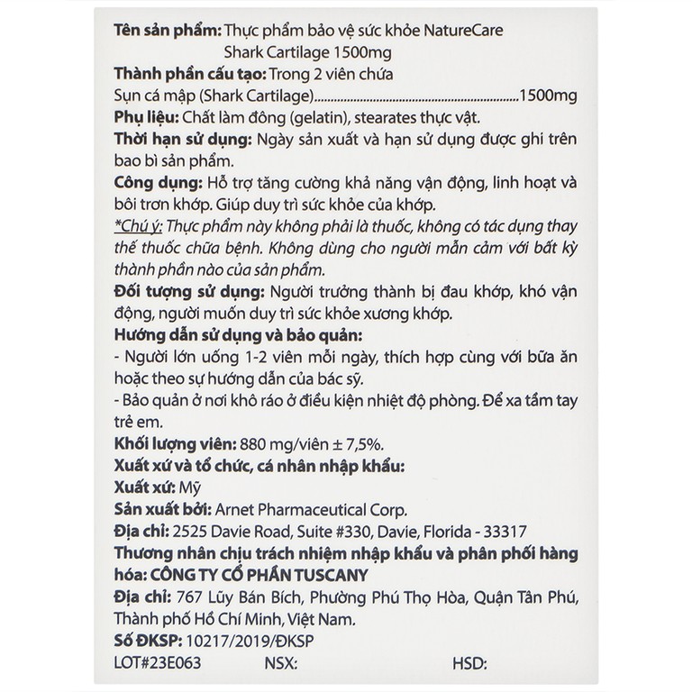 Viên uống Shark Cartilage NatureCare hỗ trợ tăng cường khả năng vận động linh hoạt và bôi trơn khớp (Hộp 60 viên)