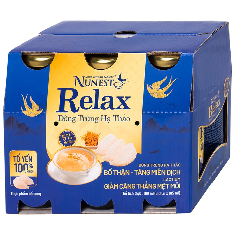 Nước Yến Sào Cao Cấp Nunest Relax Đông Trùng Hạ Thảo 5% Yến (6 chai x 185ml)