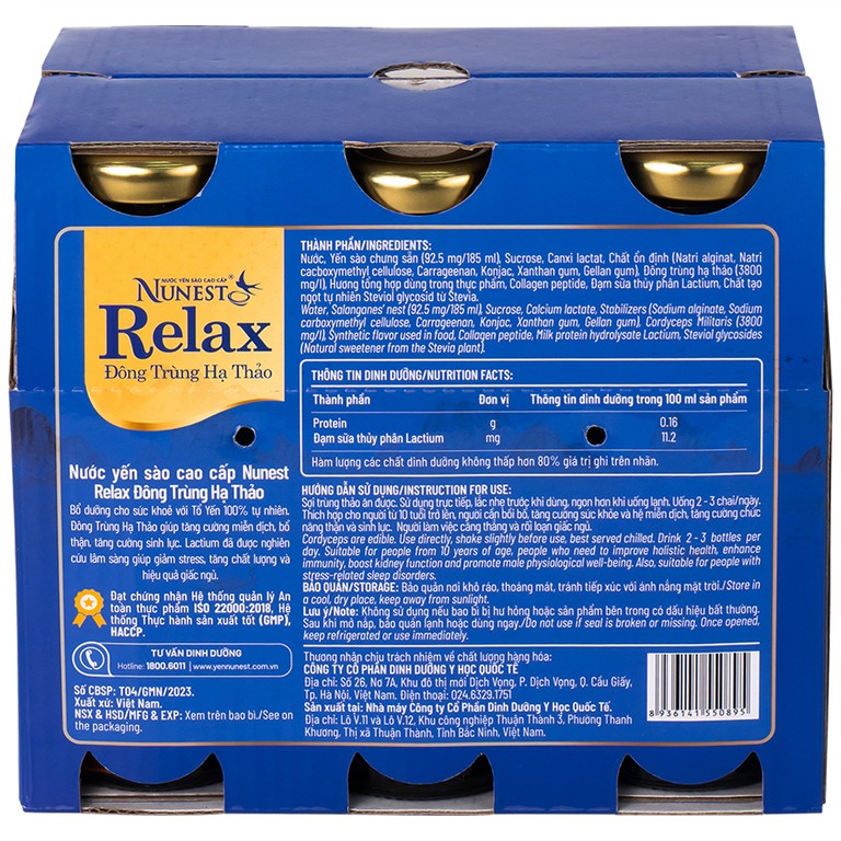 Nước Yến Sào Cao Cấp Nunest Relax Đông Trùng Hạ Thảo 5% Yến (6 chai x 185ml)