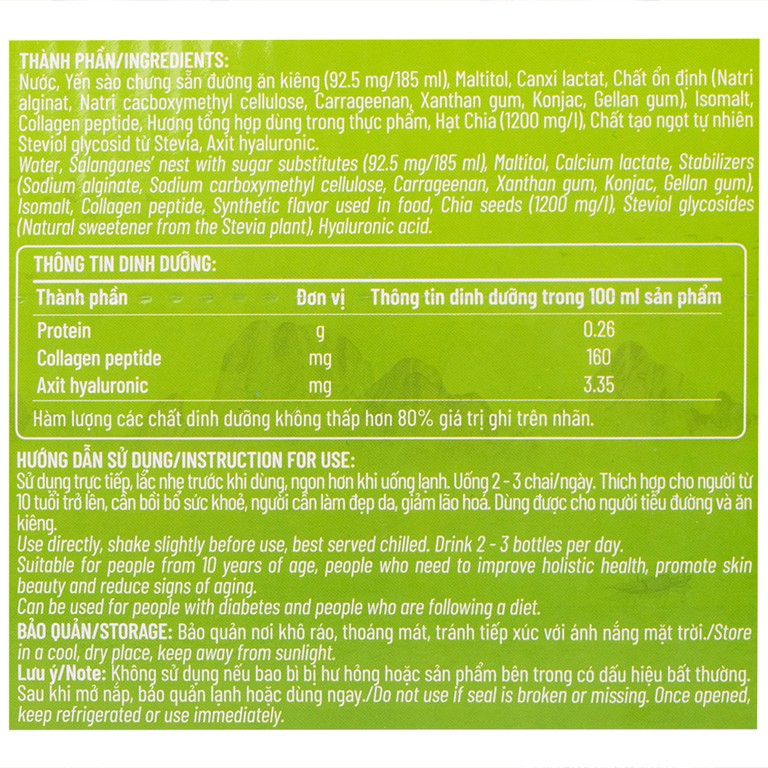 Nước Yến Sào Cao Cấp Nunest Detox Hạt Chia 5% Yến (6 chai x 185ml)