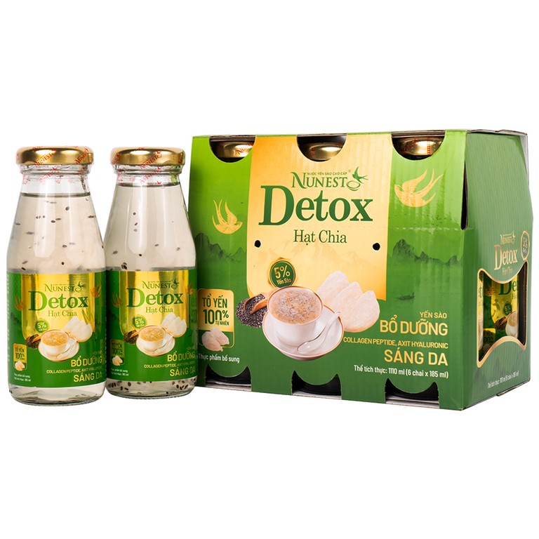 Nước Yến Sào Cao Cấp Nunest Detox Hạt Chia 5% Yến (6 chai x 185ml)