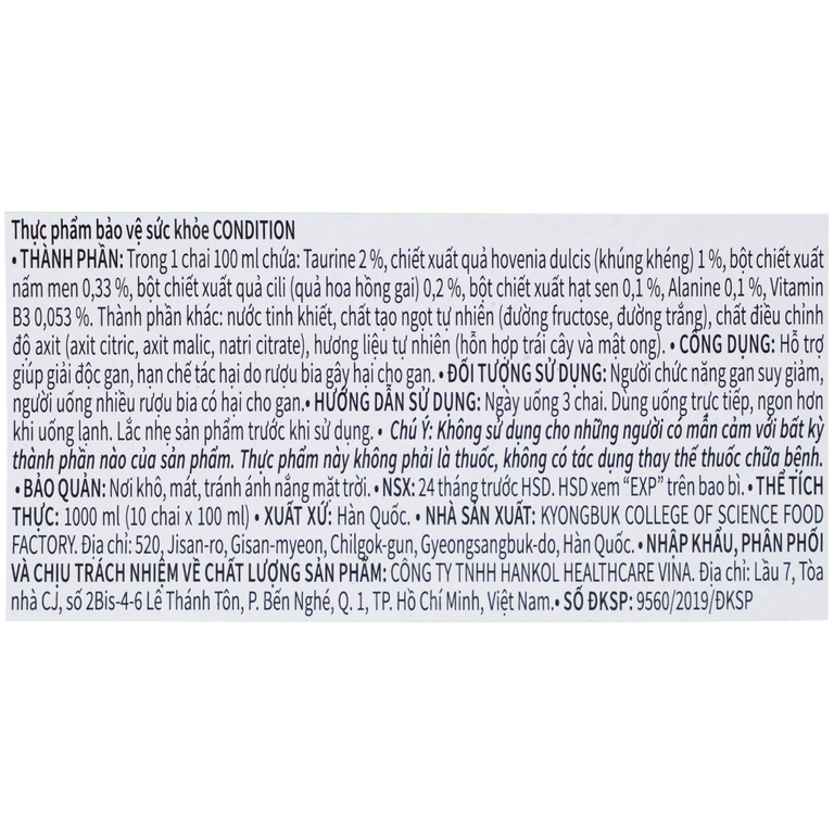 Thực phẩm bảo vệ sức khỏe Condition hỗ trợ giải độc gan, giải rượu (100ml)