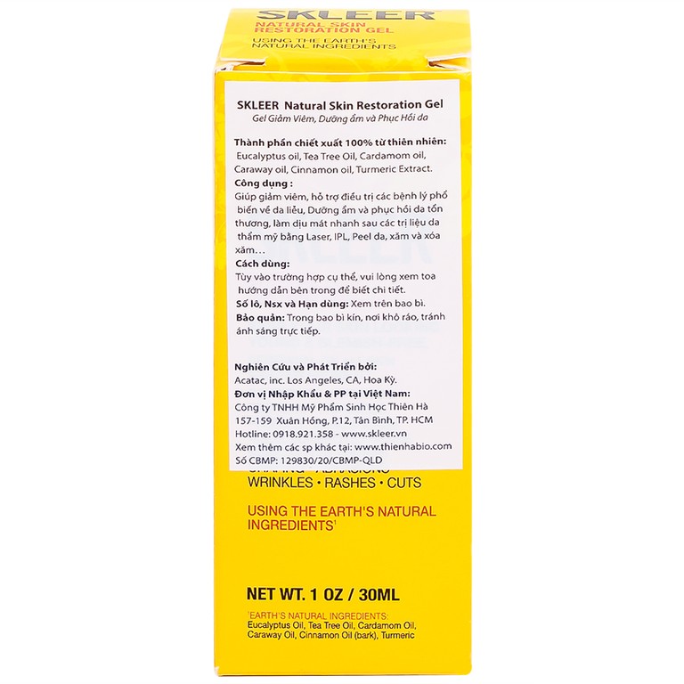 Gel bôi Skleer Natural Skin Restoration giảm viêm, dưỡng ẩm, phục hồi da tổn thương (30ml)